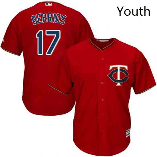 Youth Majestic Minnesota Twins 17 Jose Berrios Replica Scarlet Alternate Cool Base MLB Jersey